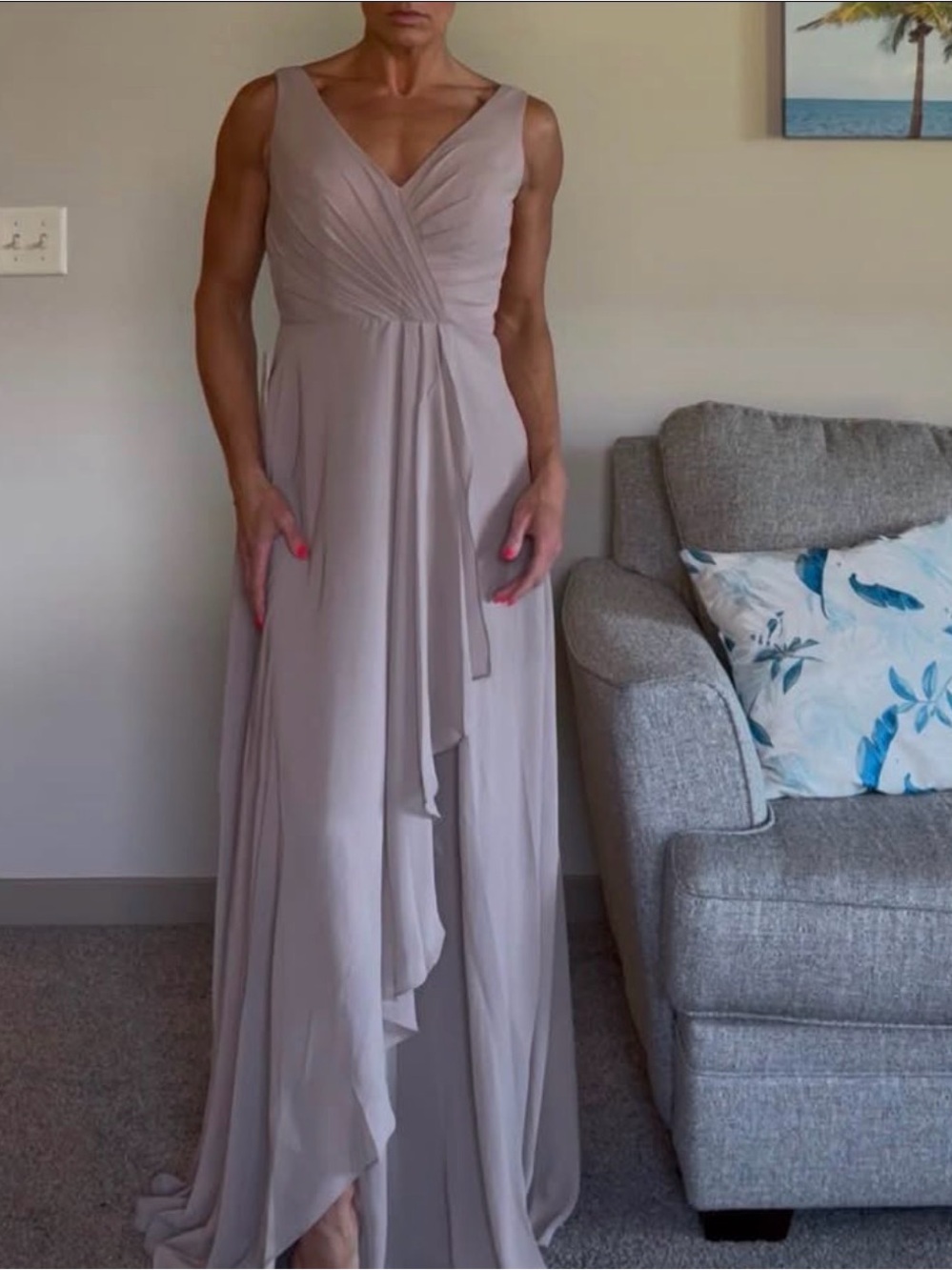Sleeveless V-Neck Light Tan Chiffon Evening Dress